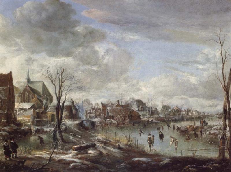 Aert van der Neer A Frozen River Near a Village,with Golfers and Skaters oil painting image